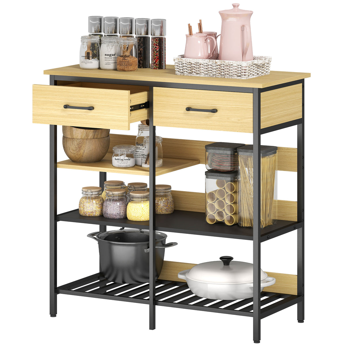Sideboard, Kommode mit 2 Schubladen, 3 offenen Regalen Küchenschrankfür Küche, Wohnzimmer 90 x 40 x 91 cm, Naturholz