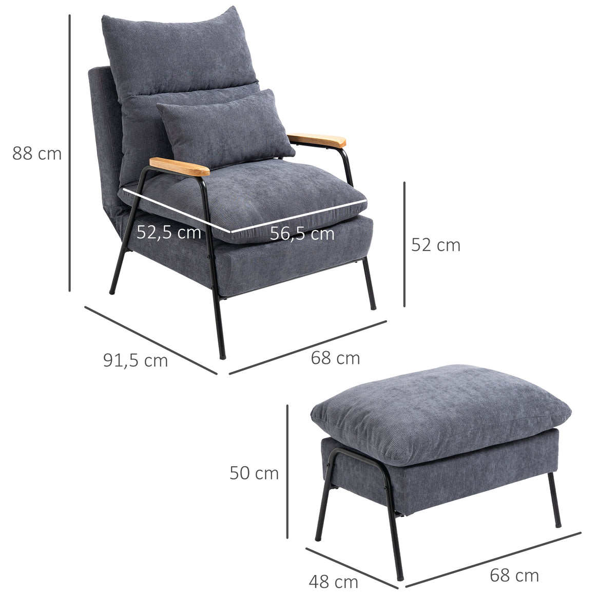Sessel mit Ottomane, inkl. Kissen, 68 cm x 91,5 cm x 88 cm, Grau