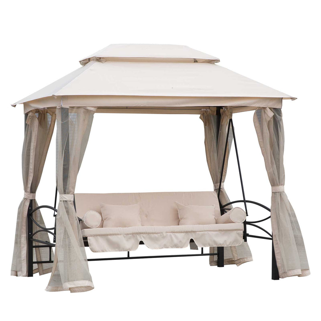 2-in-1 Convertible Gazebo Swing Chair Bed W/Netting, 245Lx165Wx243H cm-Beige/Black