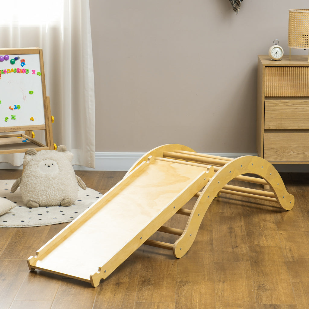 Kinder-Kletterset, 4-in-1-Design mit Bogenbrücke, Schaukelwippe, Kissen, Rutschrampe, für den Innenbereich, Holz