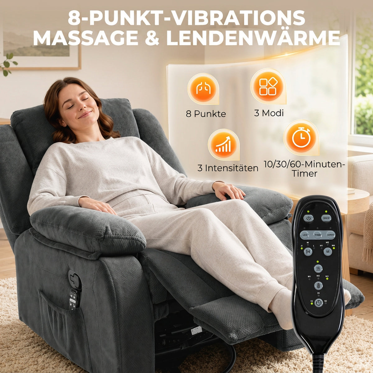 Relaxsessel mit Vibrationsmassage und Wärme, manuell verstellbarer Drehsessel mit Schaukelfunktion und Taschenfederkern, Grau