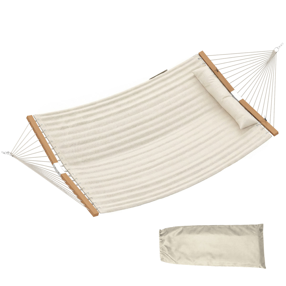 Double Hammock 2 Person Swing Bed with Spreader Bars, Pillows, Pad, 200 x 140cm, Cream White