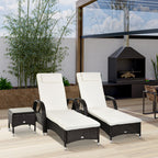 3er-Sonnenliegen-Set, 2x Gartenliege mit Beistelltisch, inkl. Liegeauflagen, Polyrattan, Braun+Cremeweiß