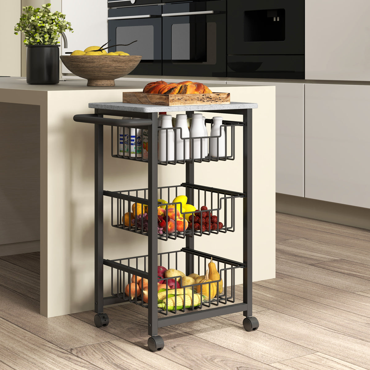 Three Basket Mobile Kitchen Island, with Brakes - Grey/Black