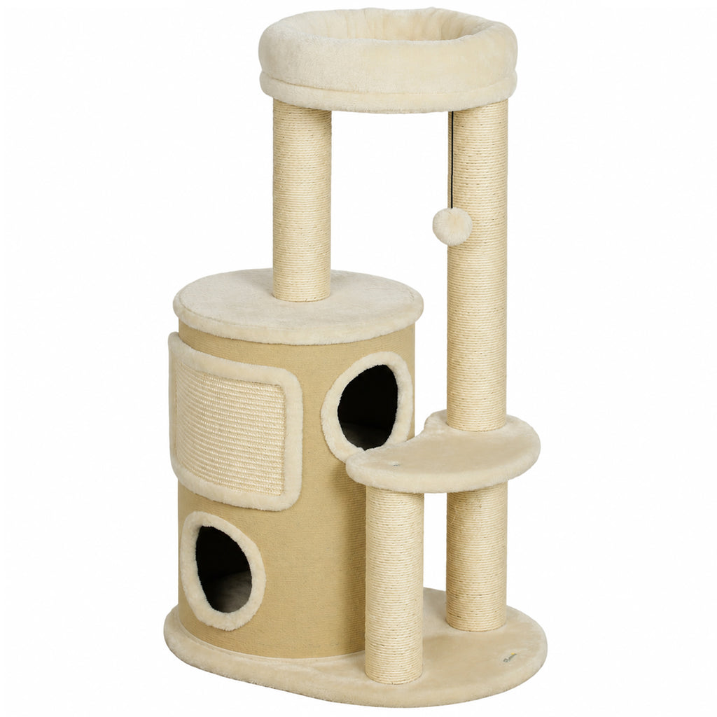 Kratzbaum mit 2-stöckiger Kratztonne Katzenbaum mit Sisal-Kratzpfosten, Plattform Sisalbrett Spielball, für Katzen 5kg