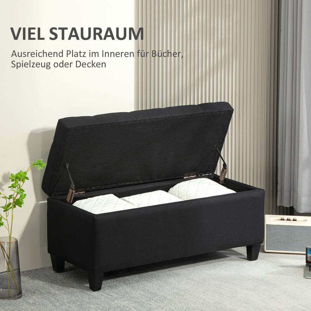 Sitzbank mit Stauraum, Truhenbank, leinenartiges Polyester, Kautschukholz, Schwarz, 100 x 40 x 44 cm