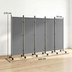 Raumteiler 5-teilig 252 x 40 cm Freistehend Paravent mit 12 Rollen Klappbar Trennwand DIY Dunkelgrau