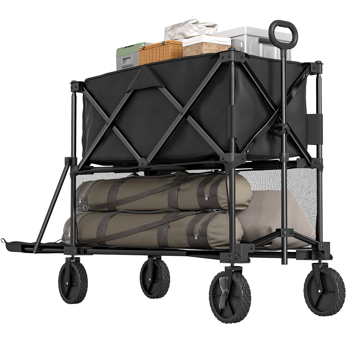 Double Decker Folding Festival Trolley on Wheels, 200KG & 350L Capacity Collapsible Wagon Festival Trolley Cart with 134cm Extended for Camping Sports Shopping Garden and Beach, Black