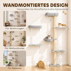 Kletterwand Katzen, 3-teilig Katzenkletterwand Set, Katzen Wandelemente mit Kratzbaum, Plattformen Hängematte
