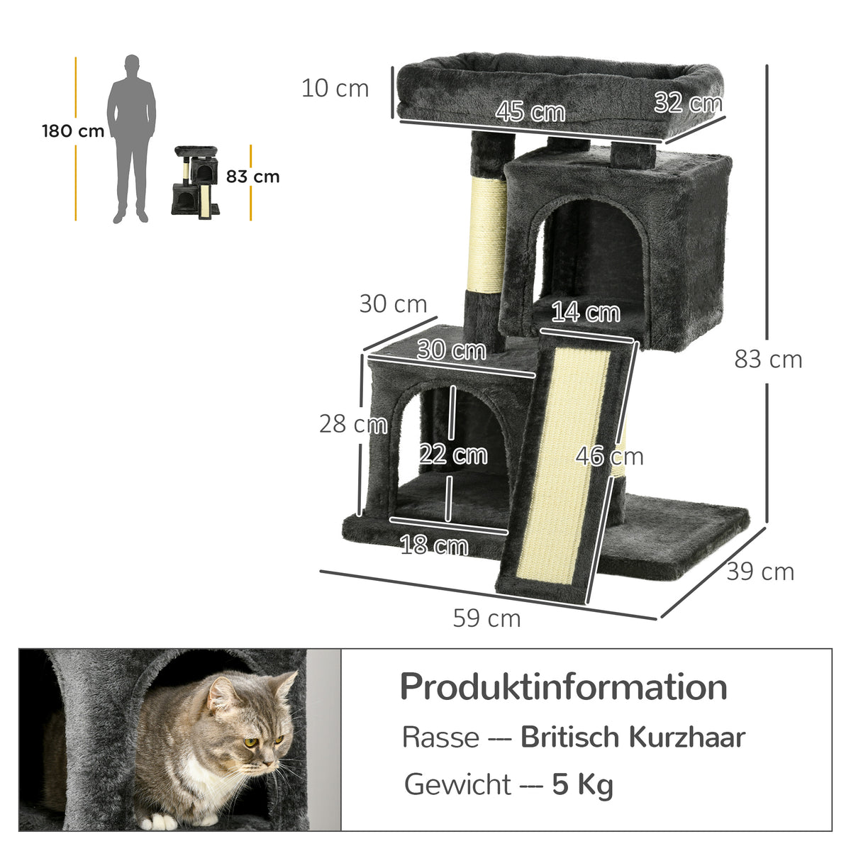 Kratzbaum 83 cm Kleiner Katzenkratzbaum mit Sisalsäulen, Katzenkratzbaum, Katzen Kletterbaum, Katzenbaum, Katzenmöbel Spielbaum für kleine Katzen, Dunkelgrau