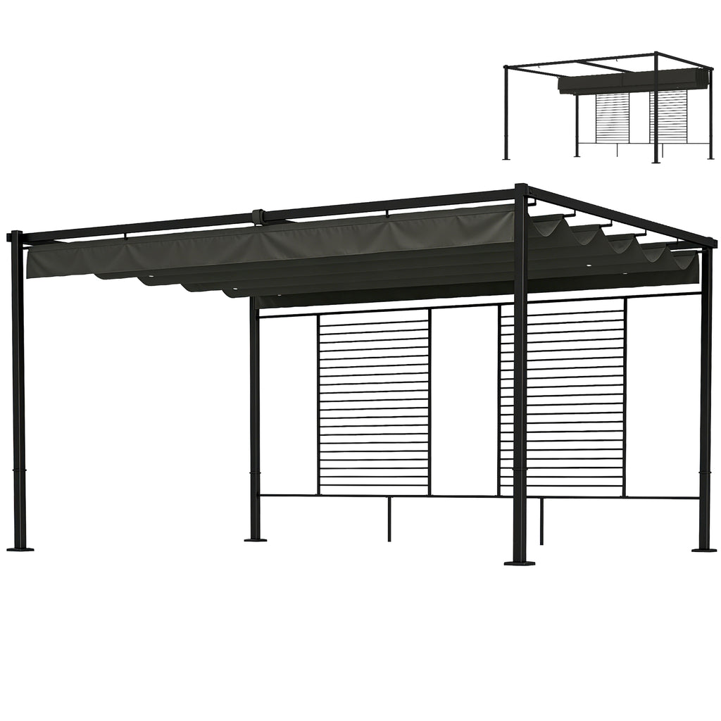Pergola 3,87 x 2,97 m Terrassenüberdachung mit Schiebedach, 2 Sichtschutz, UV 50+ Dunkelgrau