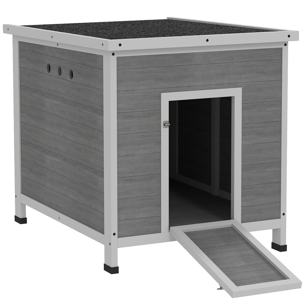 Wooden Duck House with Ramp, Double Doors, Openable Asphalt Roof, Ventilation Holes, Removable Base, Light Grey
