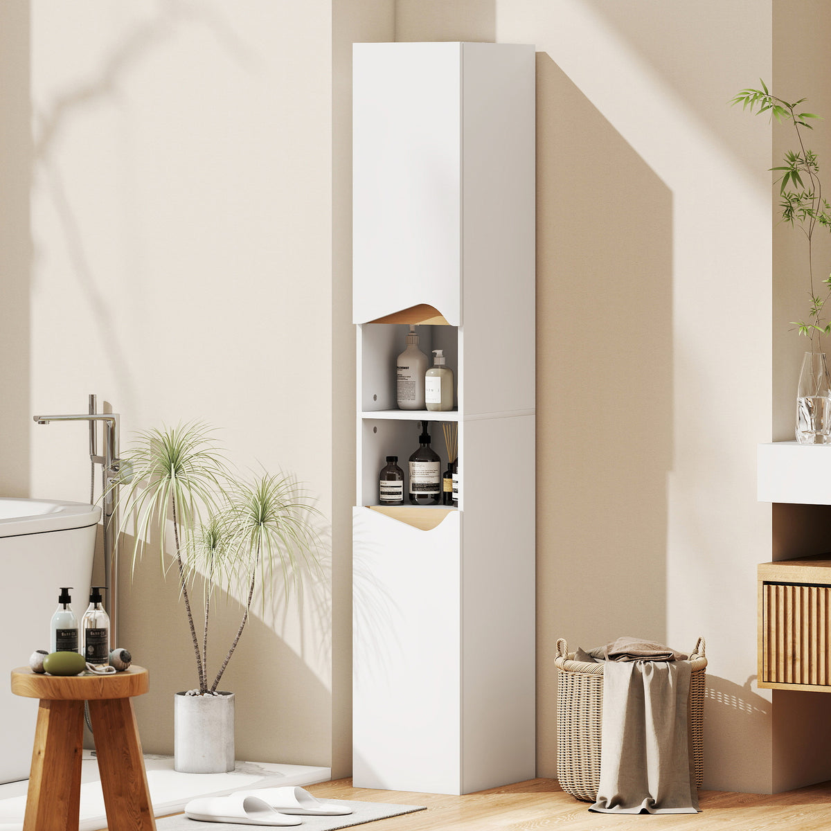 Badezimmerschrank Schmal Hochschrank mit 2 T¨¹ren, 2 Offenen F?chern, f¨¹r Badezimmer 30 x 34,6 x 182 cm Wei?