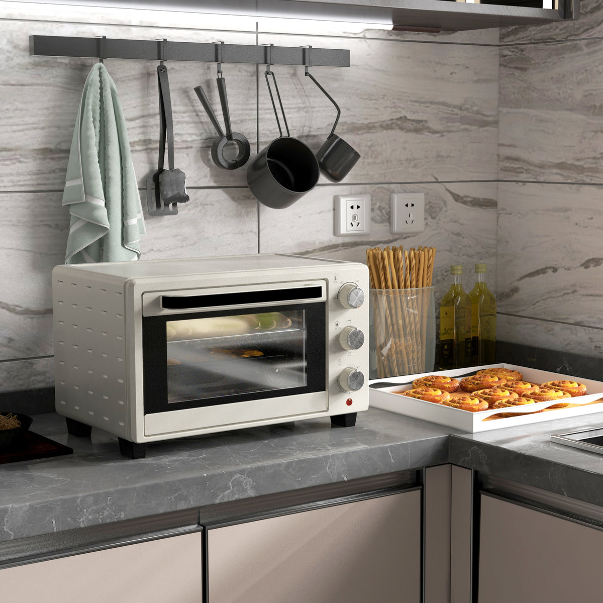 Minibackofen, 21 L Toasterofen mit 1 Drahtgestell und 1 Backblech, 3 Kochmodi, 100 °C-230 °C, Edelstahl, Glas, Cremeweiß