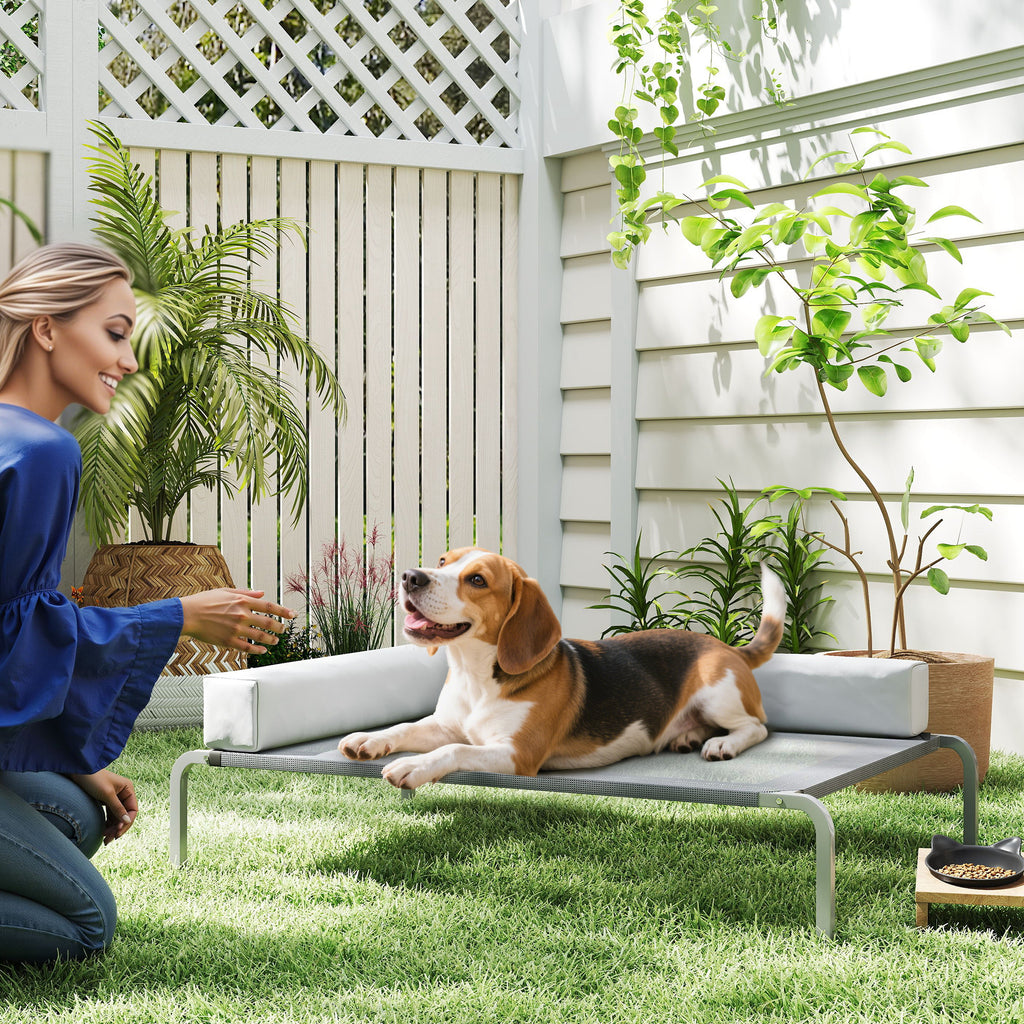 Hundeliege Outdoor, Erh?htes Hundebett f¨¹r Mittelgro?e Hunde, mit L-f?rmige Kissen 110x75x30cm, Hellgrau