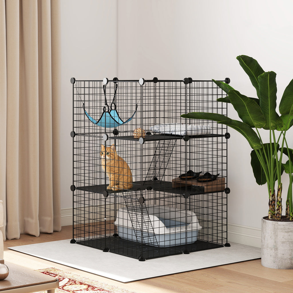 Indoor Cat Cage DIY Customizable 3-Tier Indoor Cat Enclosure with 3 Doors and Hammock 105 cm Black