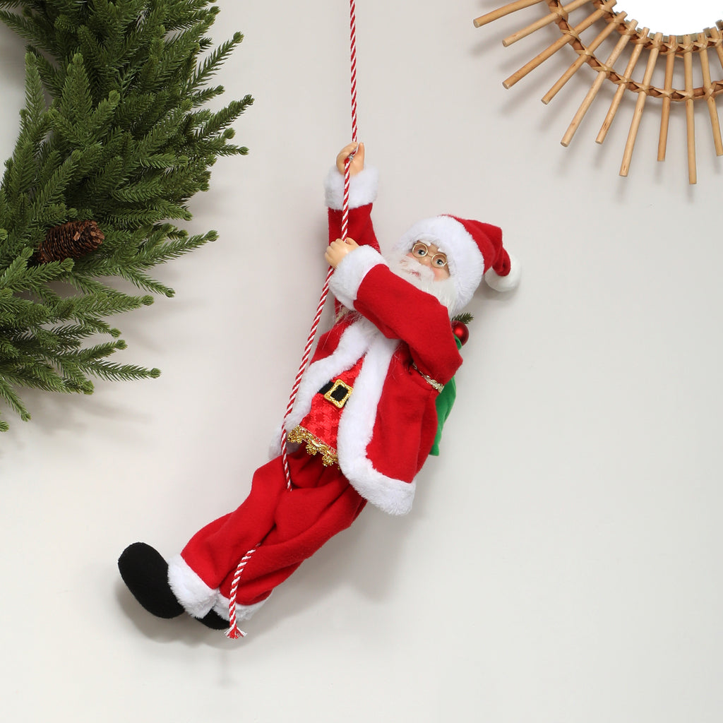 Weihnachtsmann 60 cm Singend und Kletternd Weihnachtsmann mit Geschenk Seil Soundfunktion Indoor, Rot