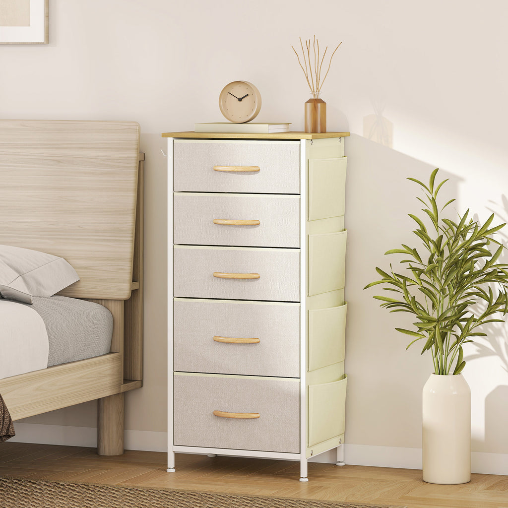 Kommode Schrank mit 5 Schubladen aus Vliesstoff mit Haken Beige