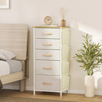 Kommode Schrank mit 5 Schubladen aus Vliesstoff mit Haken Beige