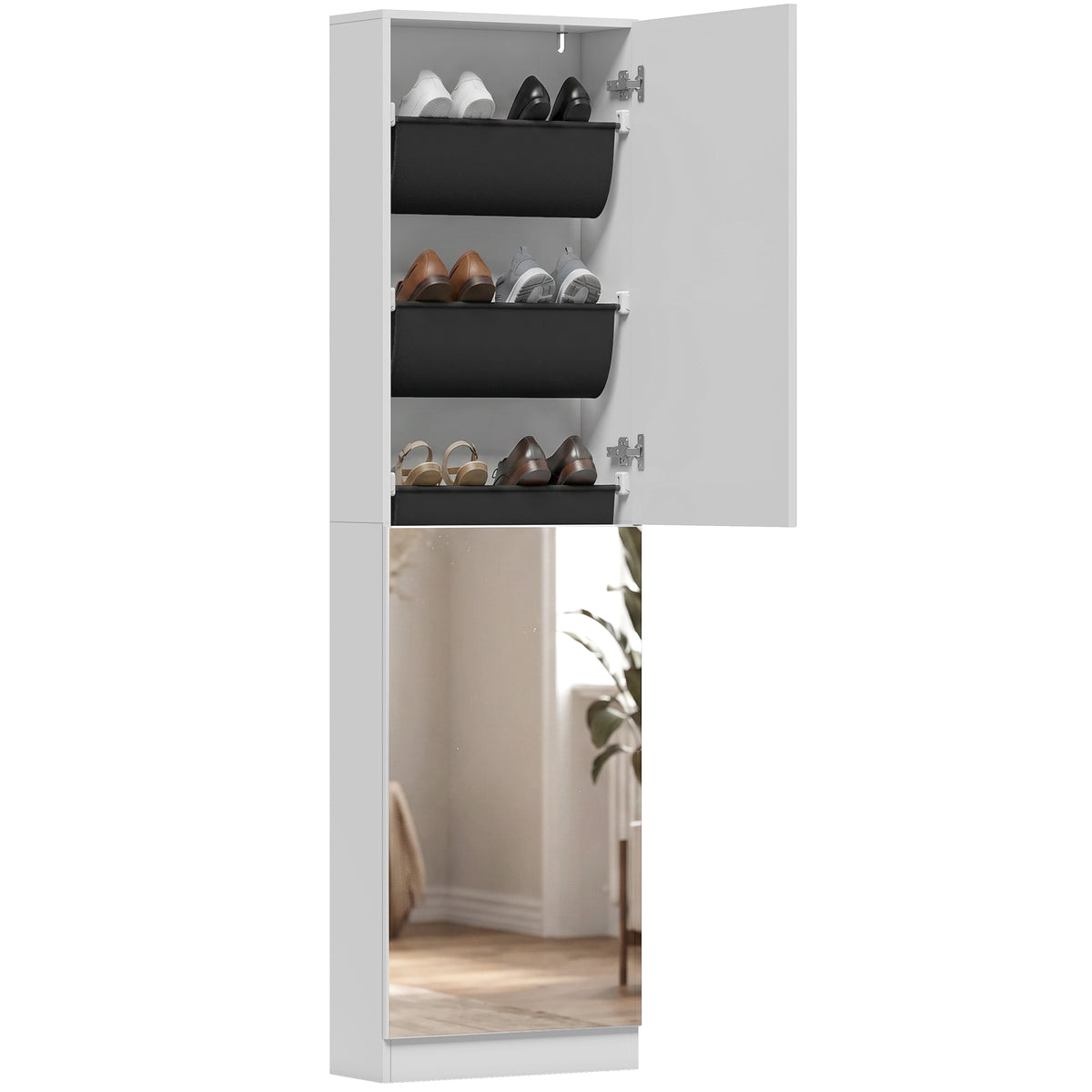 Schuhschrank mit Spiegel, 5-stufiger Schmale Schuhkommode mit Soft-Close-Türen, für 12 Paar, 50 x 20 x 180 cm, Weiß