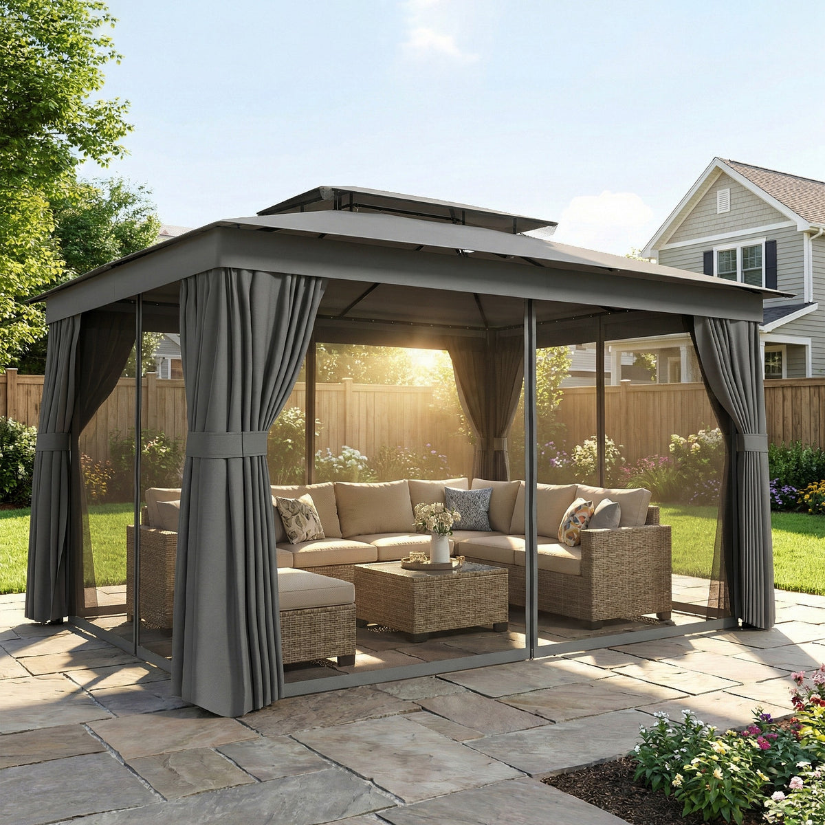 Pavillon 3,8x3m Wasserabweisend Stabil Winterfest Gartenpavillon mit Doppeldach Vorhänge Moskitonetz Haken Dunkelgrau