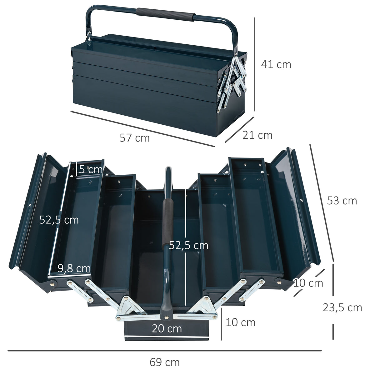 3 Tier Metal Toolbox, 5 Tray Professional Portable Tool Box with Carry Handle for Workshop, 56cmx20cmx34cm, Green