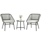 3-teiliges Outdoor-Möbelset, 1 Tisch, 2 Stühle, Rattan-Geflecht, Stahlrahmen, Kaffeetisch mit Glasplatte, Dunkelgrau