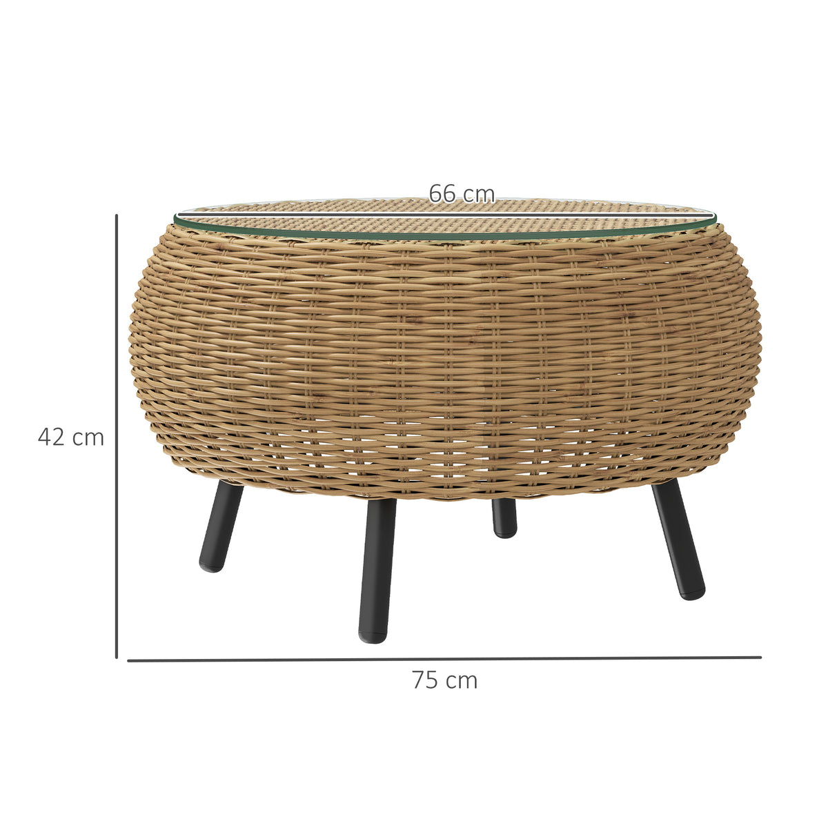 Beistelltisch aus Polyrattan runder Kaffeetisch Couchtisch mit Glas Tischplatte ?75 x 42 cm Braun