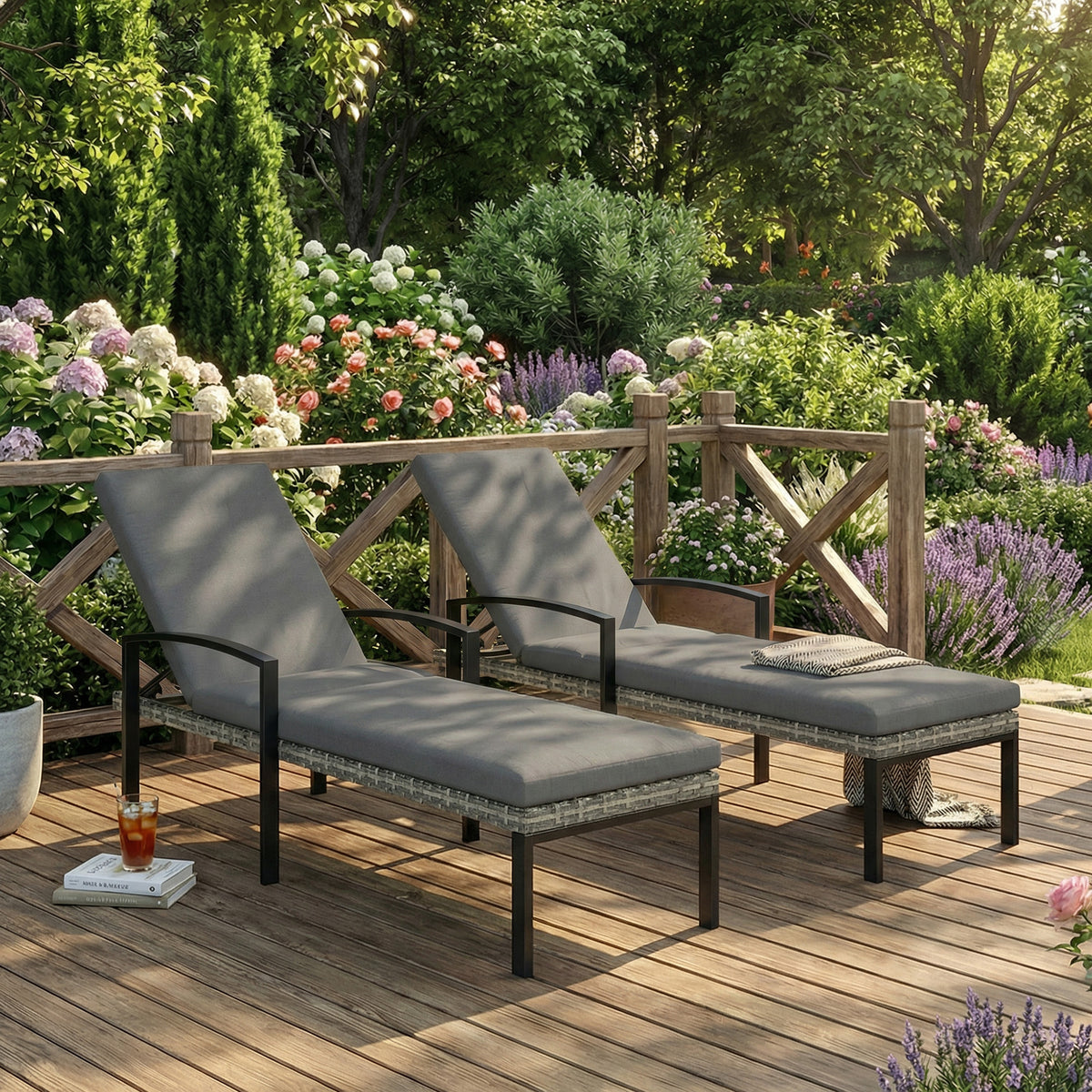 2er Set Sonnenliege Polyrattan Gartenliege mit 5-Fach verstellbar Rückenlehne Auflage bis 120kg Hellgrau