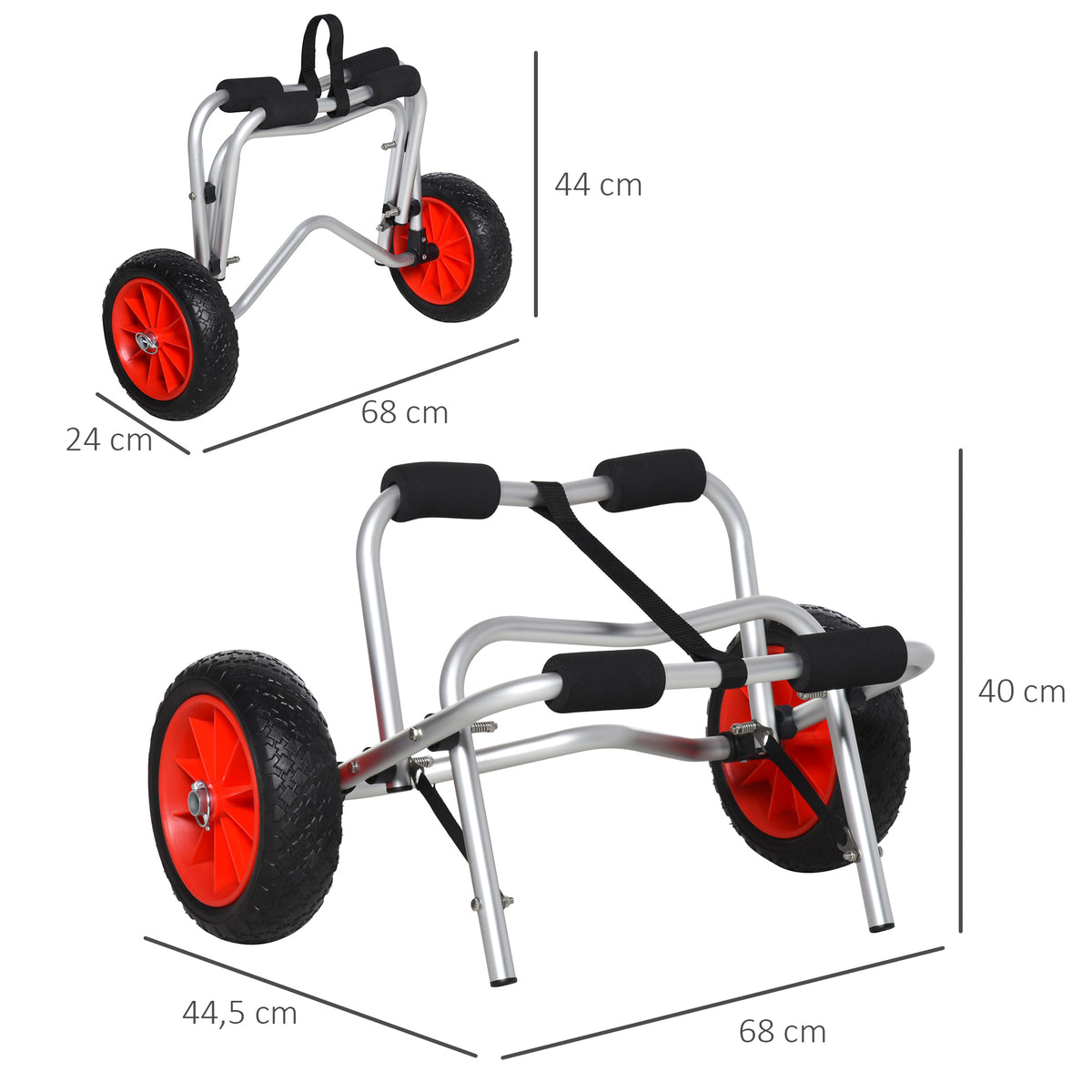 Alu Kanuwagen Kajakwagen Surfwagen klappbar mit Gurt Kunstleder-Räder Silber bis 75 kg 68 x 44,5 x 40 cm