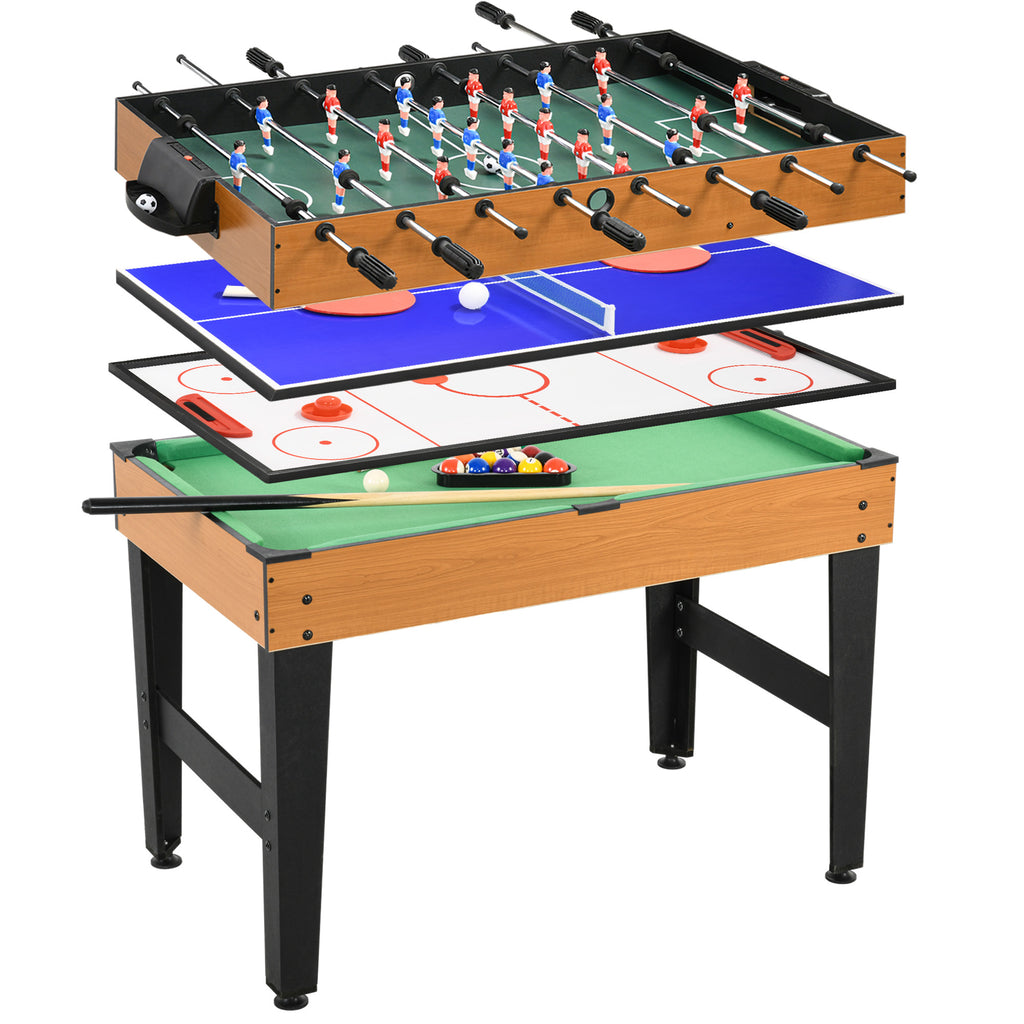 4-in-1 Partyspieltisch inkl. Tischtennis, Kicker, Billard, Tischhockey, Metall, Holz, Natur+Schwarz