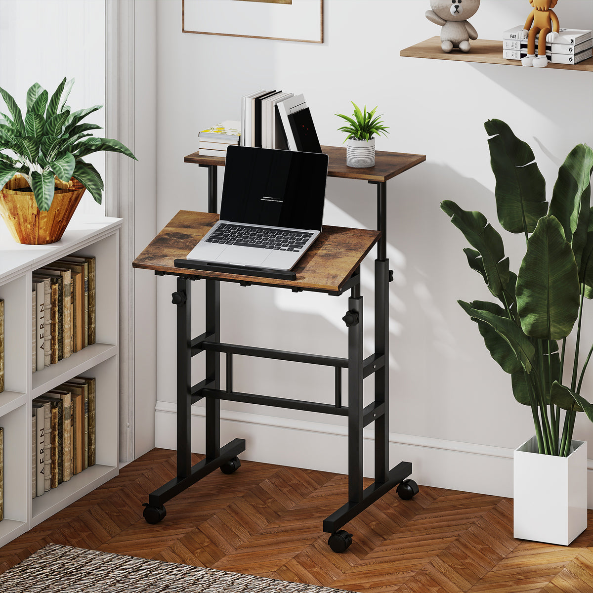 chreibtisch H?henverstellbar K¨¹chentisch mit Regal, Rollen, Computertisch Rustikal Braun 60 x 60 x 70,5-120 cm