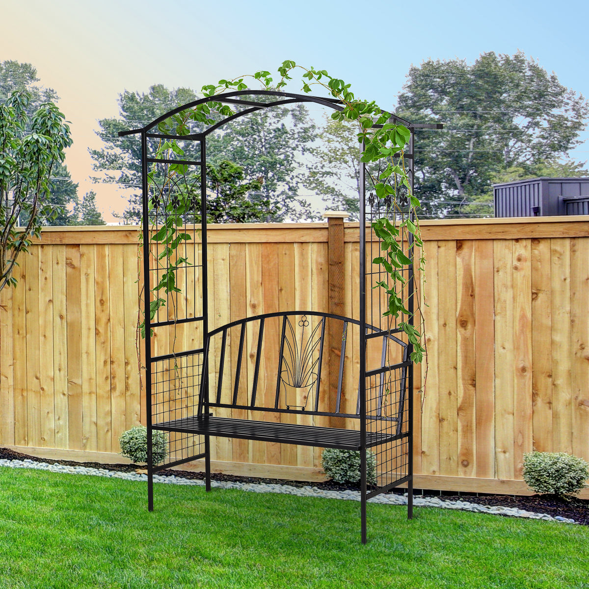  Steel Frame Outdoor Garden Arch w/ 2-Seater Bench Flower Climber Black