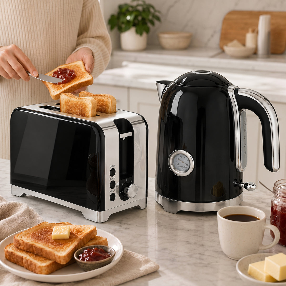 Wasserkocher und Toaster Set mit Thermometer, 1,7 l, 2200 W Wasserkocher, 2-Scheiben-Toaster mit 7 Bräunungsstufen