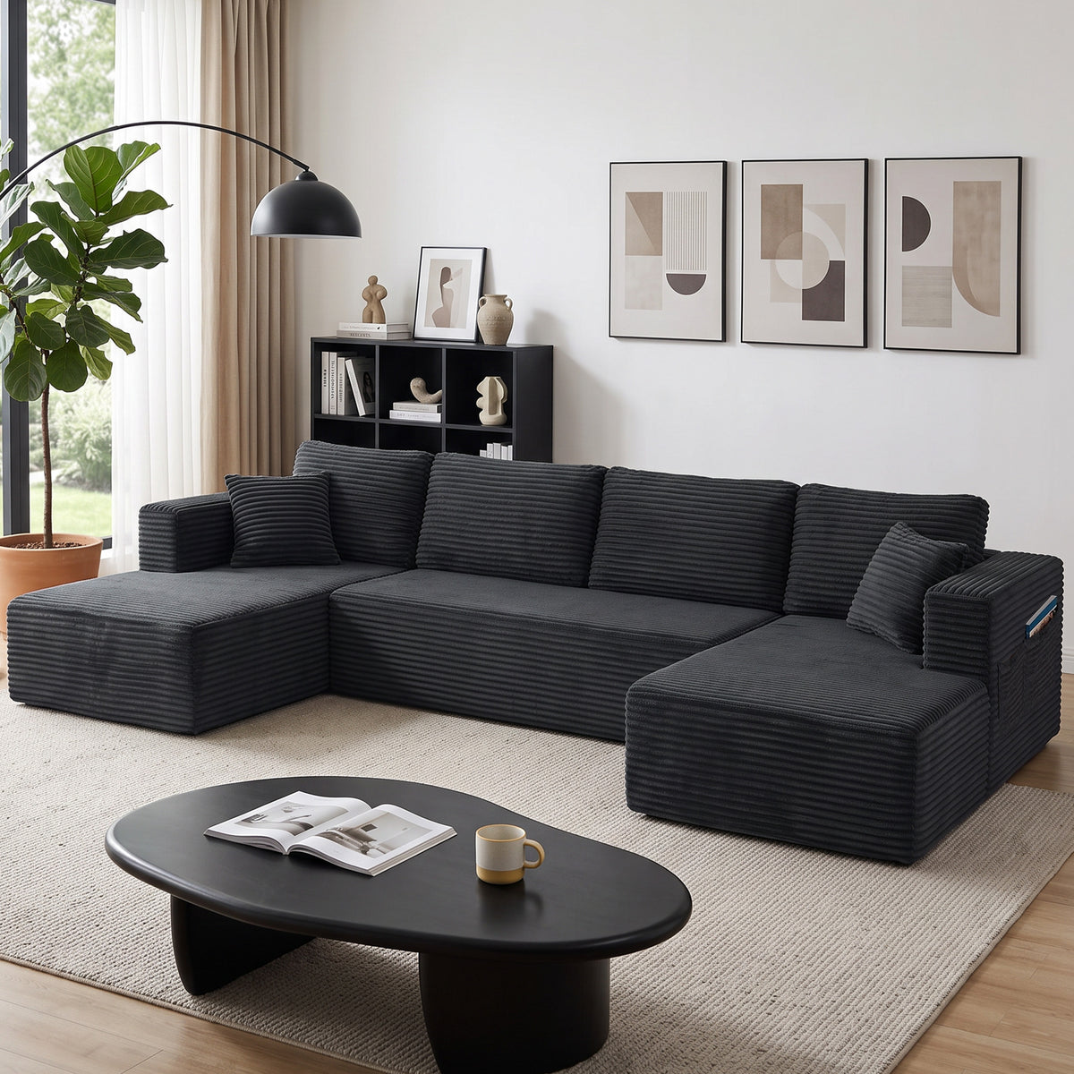 Modulares U-Sofa mit 2 Chaiselongues, Cord-Schlafsofa mit hochdichtem Schaumstoff und Federpolsterung, Dunkelgrau