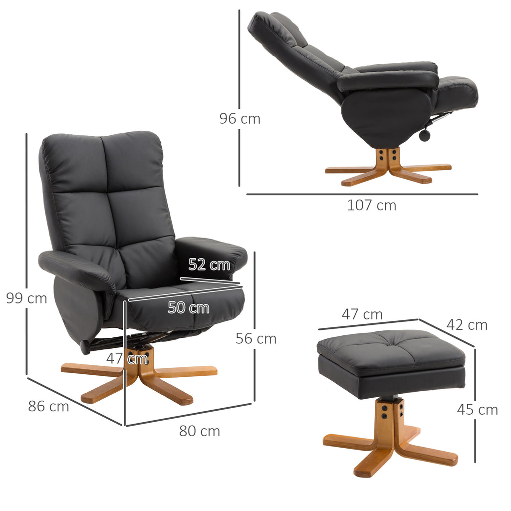 Relaxsessel mit Hocker, 360°drehbarer Fernsehsessel mit Liegefunktion Lesesessel für Schlafzimmer, Wohnzimmer, Kunstleder, Schwarz