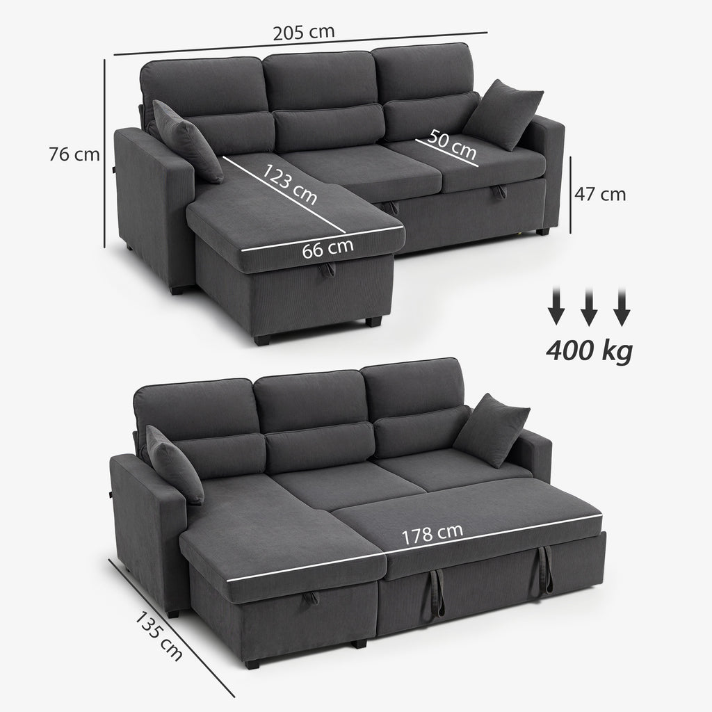 Verstellbares Bettsofa, L-f?rmiges G?stesofa mit Bettfunktion, Stauraum, Kissen, f¨¹r Wohnzimmer, G?stezimmer, Dunkelgrau