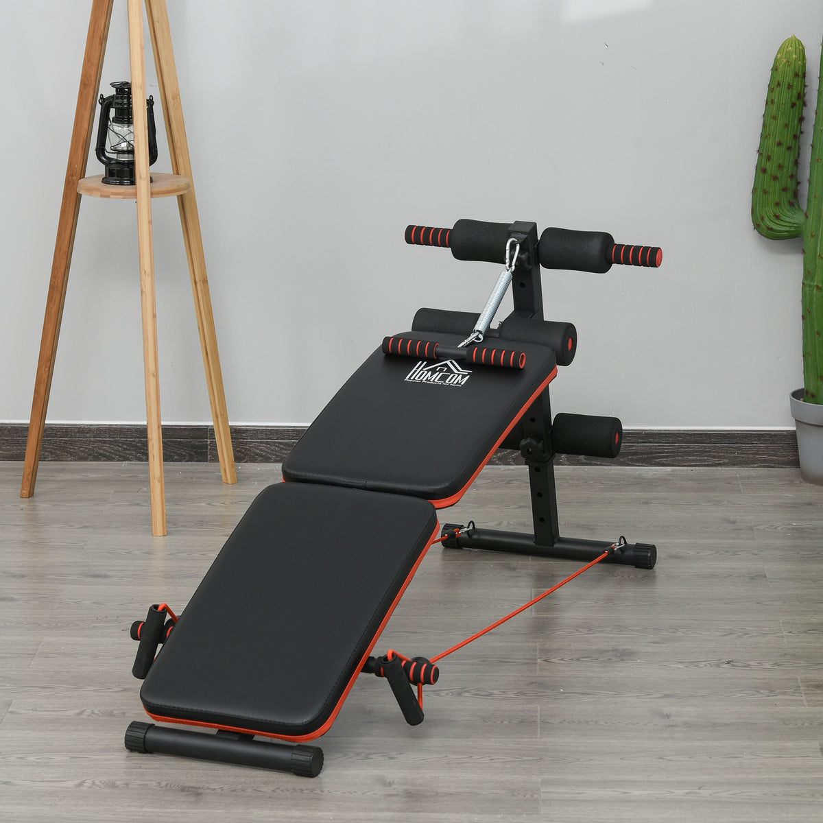  Sit Up Bench Core Workout Adjustable Thigh Support Foldable for Home Gym w/ Arm Pulling Rope Black
