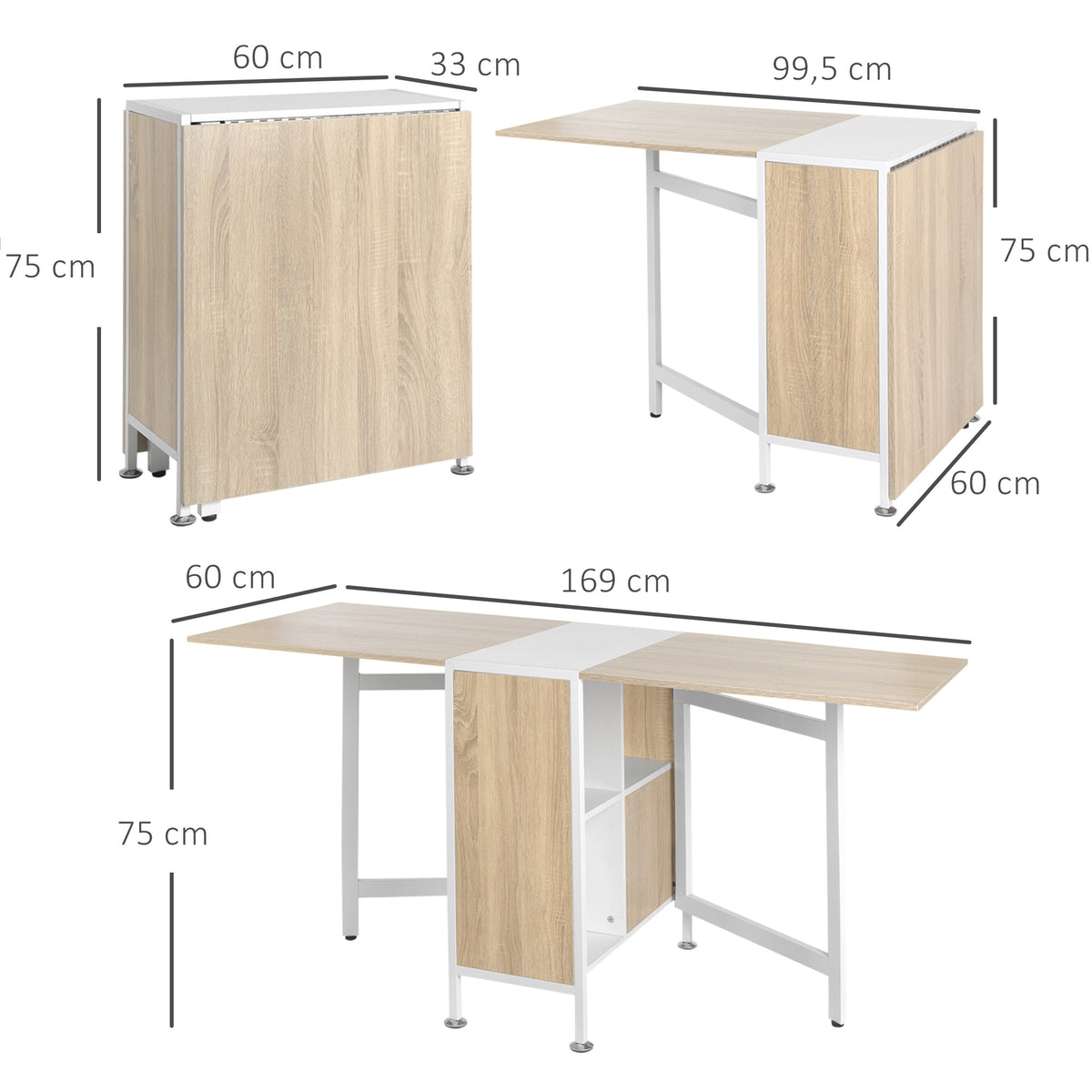  Esstisch Klappbar Küchentisch mit Offenen Ablage, platzsparend Klapptisch Esszimmertisch für Kleine Räume, Esszimmer, Küche 169 x 60 x 75 cm Natur+Weiß