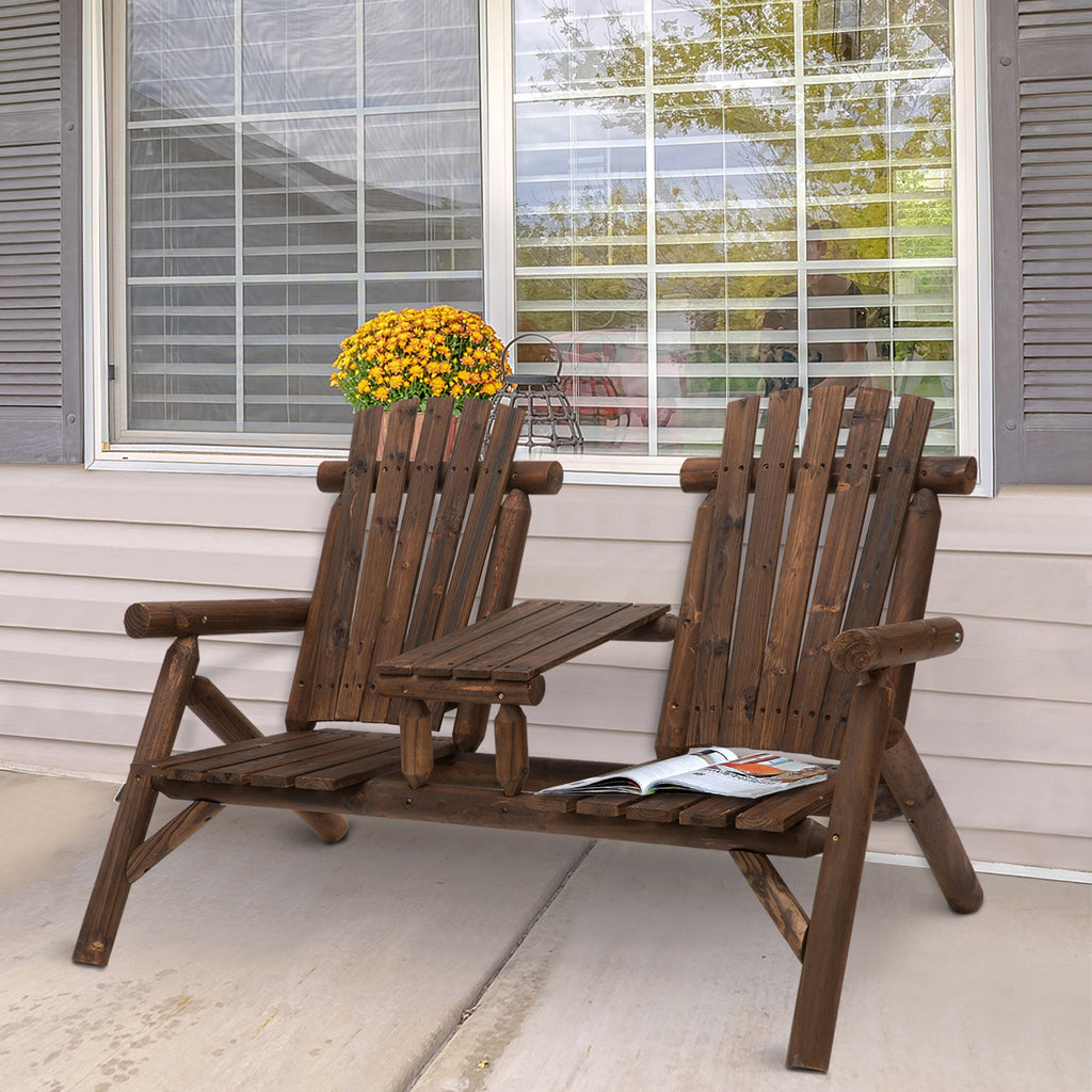 Wood Patio Chair Bench 2 Seats w/ Centre Coffee Table, Garden Bench, Carbonized