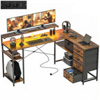 Gaming Tisch L-förmig Schreibtisch mit Stromanschluss LED-Beleuchtung 4 Schubladen Monitorständer 155x110x91,4 cm Braun