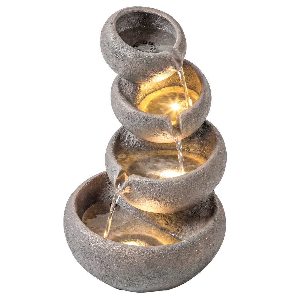 Springbrunnen Outdoor aus Kunstharz 4-stufig Gartenbrunnen mit LED Beleuchtung Pumpe Steinoptik 35 x 32 x 50 cm