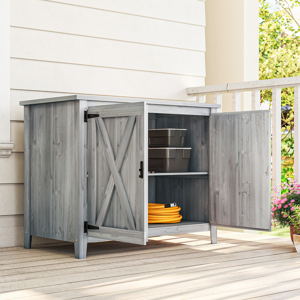 Wooden Garden Shed, Outdoor Fir Wood Storage Shed with Shelf and Double Doors, Light Grey