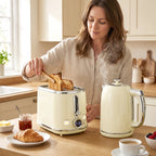 Wasserkocher- und Toaster-Set mit LED-Display, 1,7-L-Wasserkocher mit 3 Std. Warmhaltefunktion, Creme