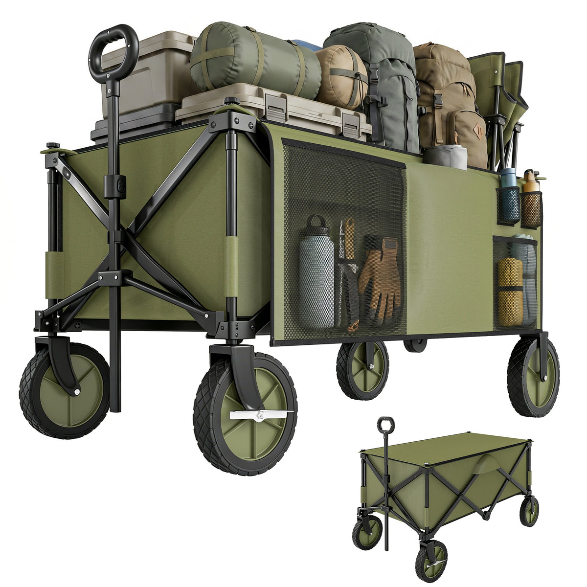 Bollerwagen, klappbar, 5 Seitentaschen, einziehbare Griff, bis 120 kg belastbar, Stahl, 108 x 55 x 93 cm, Gr¨¹n
