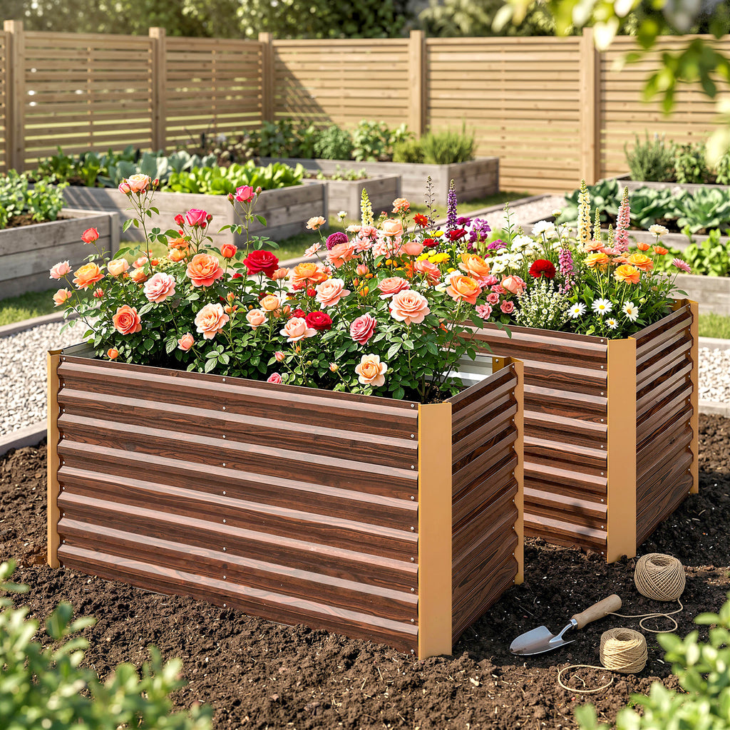 Hochbeet 2er-Set, Pflanzkasten, extra tief, Metall, 120 x 60 x 60 cm Braun