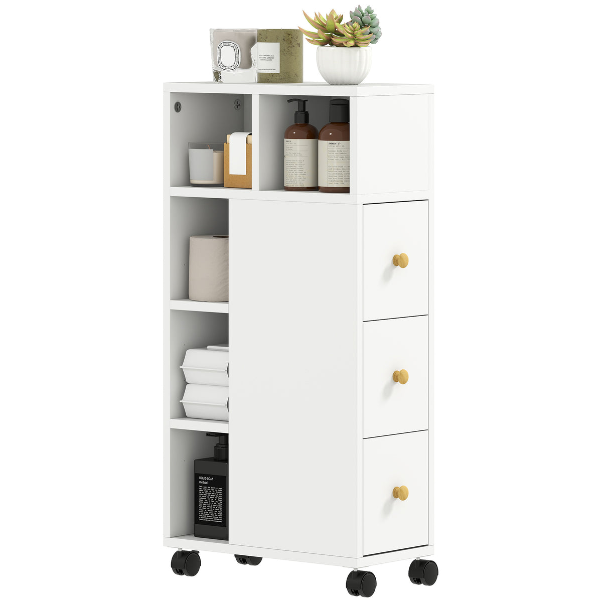 Badezimmerschrank Schmal, Badschrank mit 4 Rollen, 3 Schubladen, 5 offenen F?chern, 20x40x80cm, Wei?