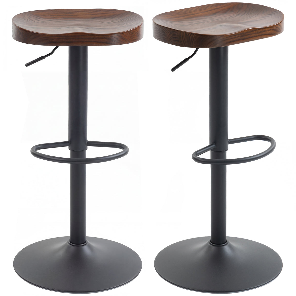 Bar Stools Set of 2 Adjustable Swivel Counter Height Chairs with Elm Wood Seat Dark Brown