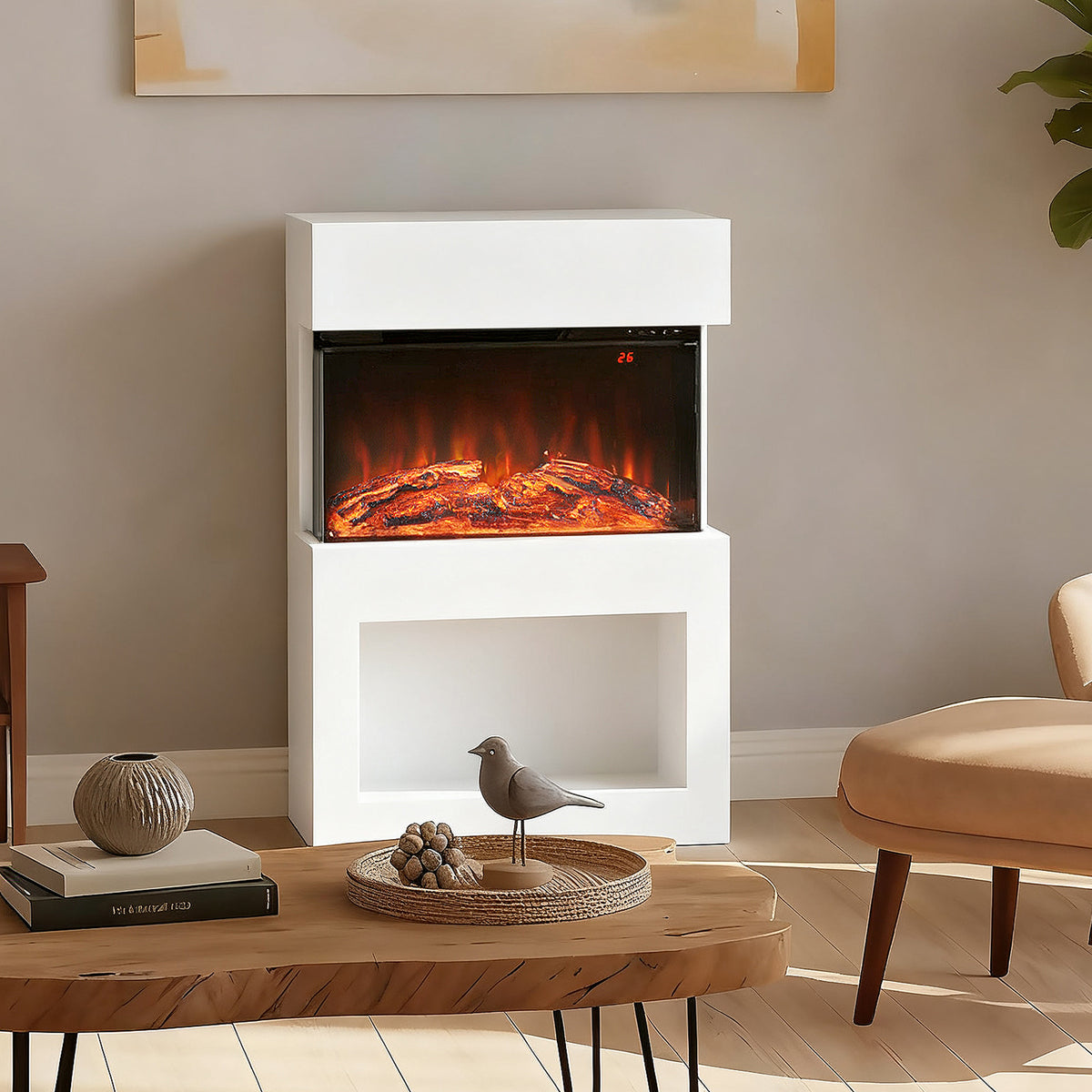 Elektrischer Kamin, 2 Heizstufen, 6 Flammenfarben, Thermostat, Fernbedienung, Weiß