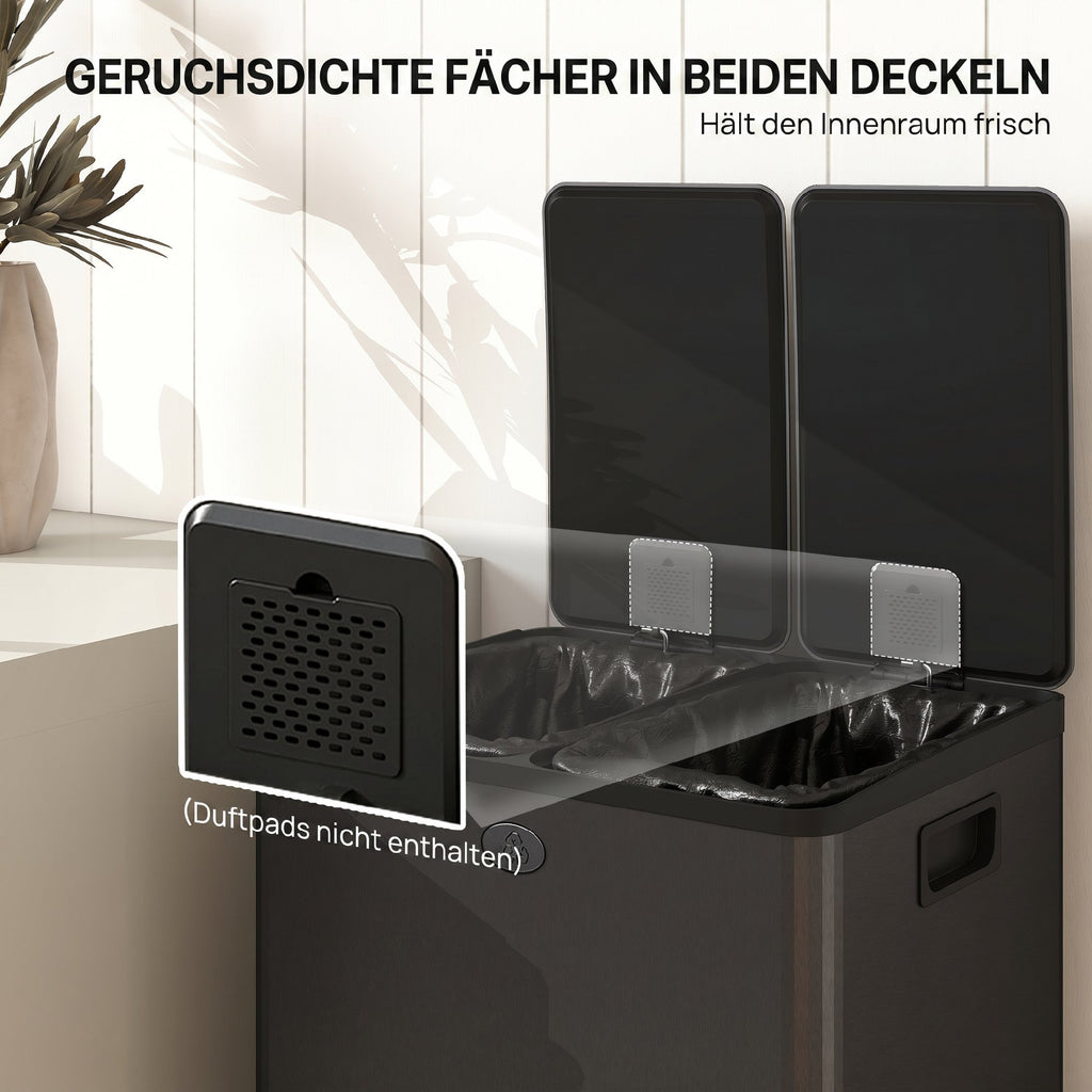 56L Dual Compartment Stainless Steel Bin, with Deodoriser Holders - Black